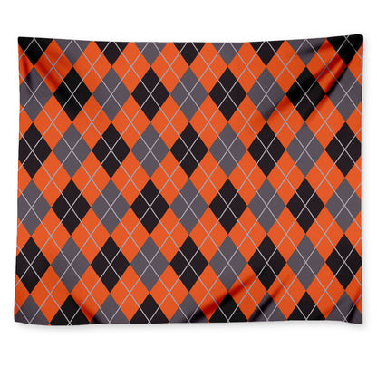 Orange And Grey Halloween Argyle Print Tapestry