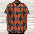 Orange And Grey Halloween Argyle Print Textured Short Sleeve Shirt