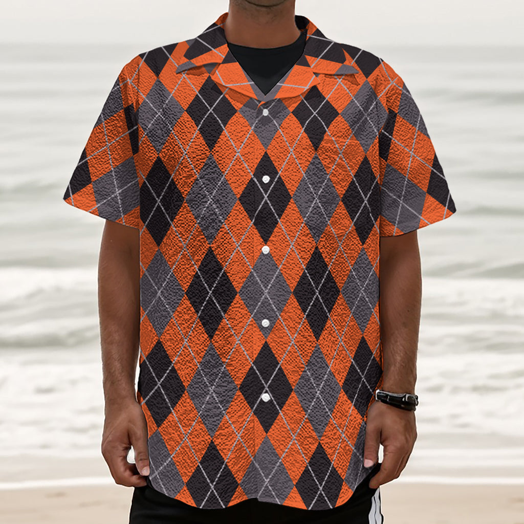 Orange And Grey Halloween Argyle Print Textured Short Sleeve Shirt
