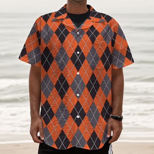Orange And Grey Halloween Argyle Print Textured Short Sleeve Shirt