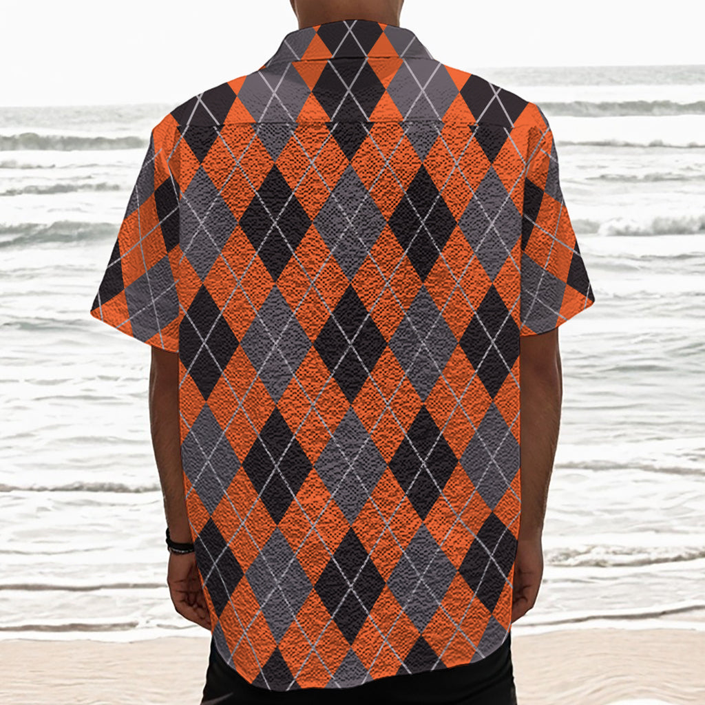 Orange And Grey Halloween Argyle Print Textured Short Sleeve Shirt
