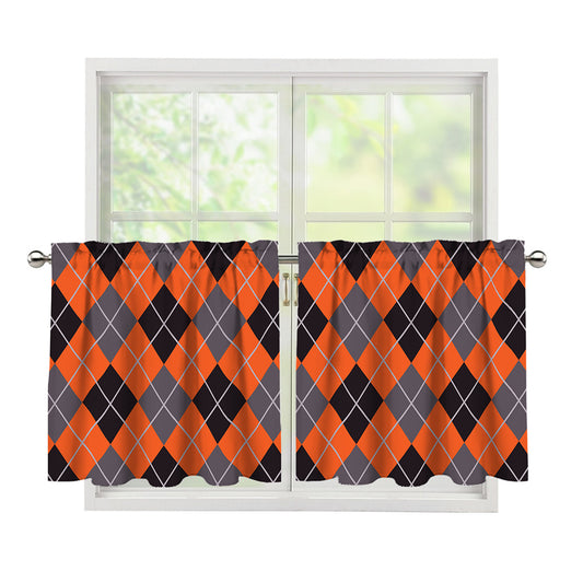 Orange And Grey Halloween Argyle Print Tier Curtains
