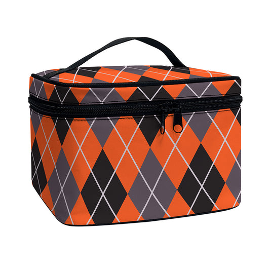 Orange And Grey Halloween Argyle Print Travel Makeup Bag