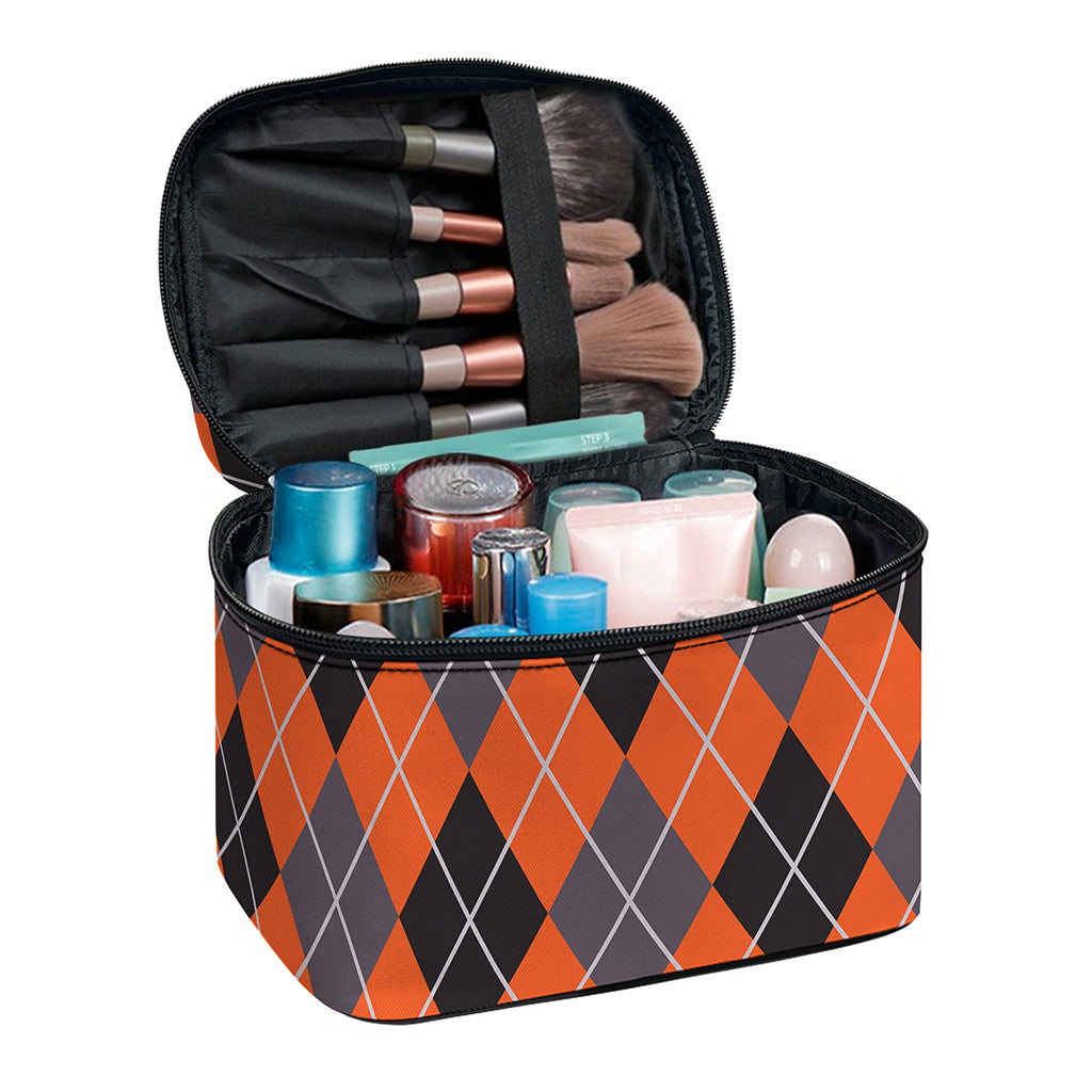 Orange And Grey Halloween Argyle Print Travel Makeup Bag