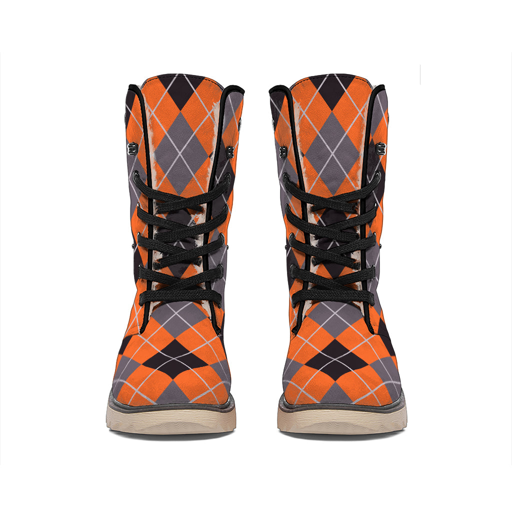 Orange And Grey Halloween Argyle Print Winter Boots