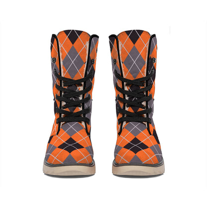 Orange And Grey Halloween Argyle Print Winter Boots