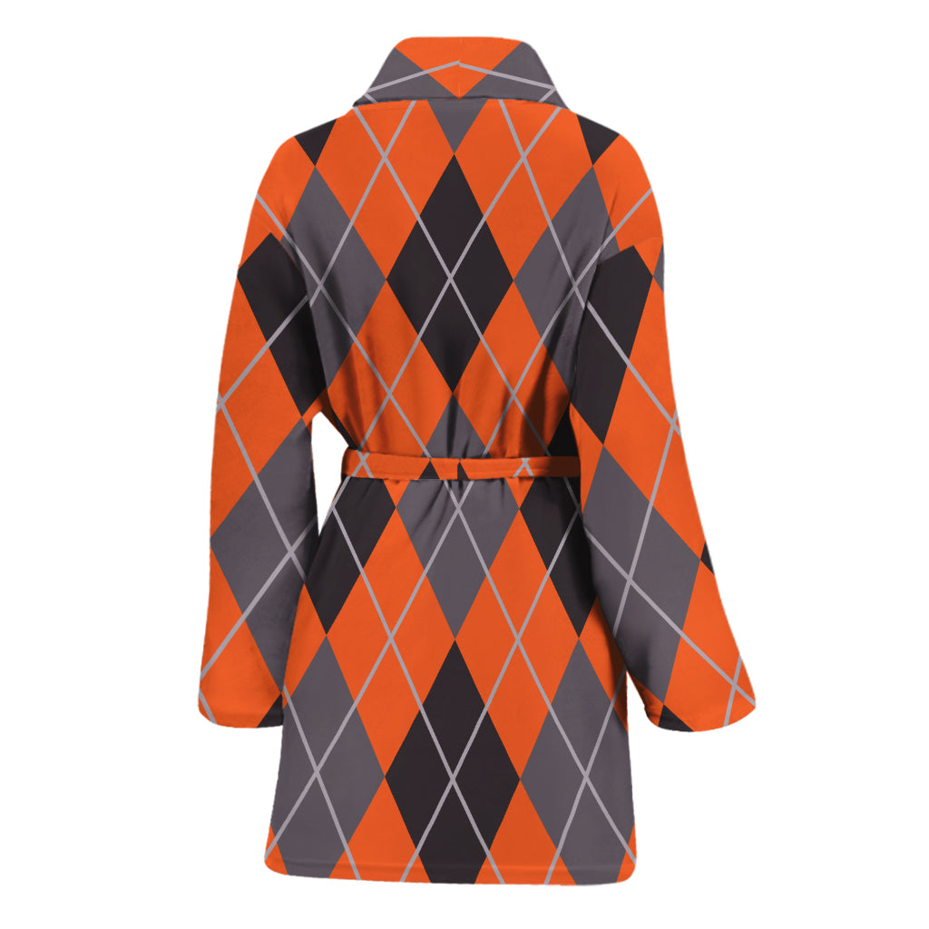 Orange And Grey Halloween Argyle Print Women's Bathrobe
