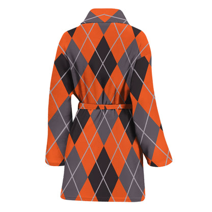 Orange And Grey Halloween Argyle Print Women's Bathrobe