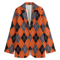 Orange And Grey Halloween Argyle Print Women's Blazer