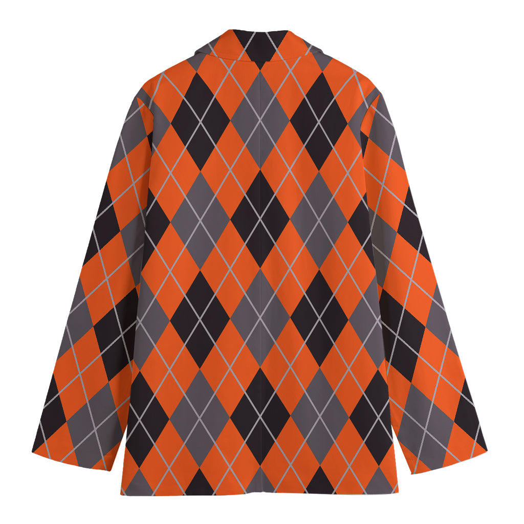 Orange And Grey Halloween Argyle Print Women's Blazer