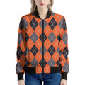 Orange And Grey Halloween Argyle Print Women's Bomber Jacket