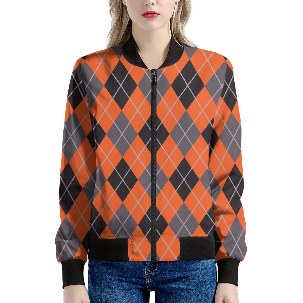 Orange And Grey Halloween Argyle Print Women's Bomber Jacket
