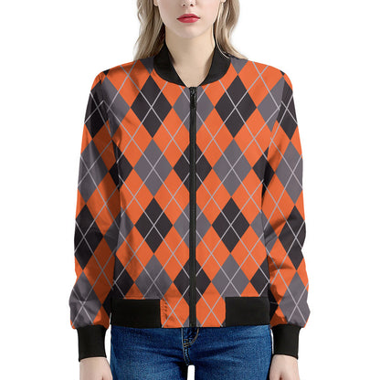 Orange And Grey Halloween Argyle Print Women's Bomber Jacket