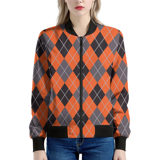 Orange And Grey Halloween Argyle Print Women's Bomber Jacket