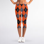 Orange And Grey Halloween Argyle Print Women's Capri Leggings