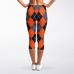 Orange And Grey Halloween Argyle Print Women's Capri Leggings