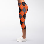 Orange And Grey Halloween Argyle Print Women's Capri Leggings