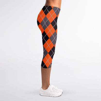 Orange And Grey Halloween Argyle Print Women's Capri Leggings