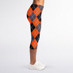 Orange And Grey Halloween Argyle Print Women's Capri Leggings