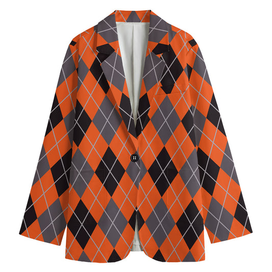 Orange And Grey Halloween Argyle Print Women's Cotton Blazer