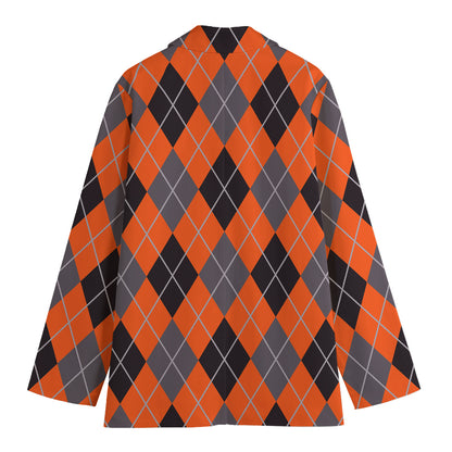 Orange And Grey Halloween Argyle Print Women's Cotton Blazer
