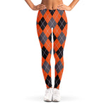 Orange And Grey Halloween Argyle Print Women's Leggings