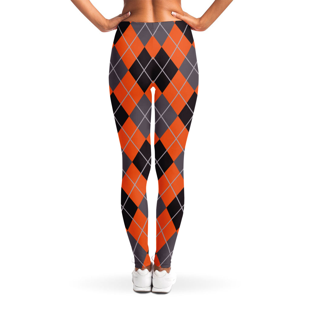 Orange And Grey Halloween Argyle Print Women's Leggings