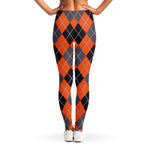 Orange And Grey Halloween Argyle Print Women's Leggings