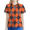 Orange And Grey Halloween Argyle Print Women's Polo Shirt