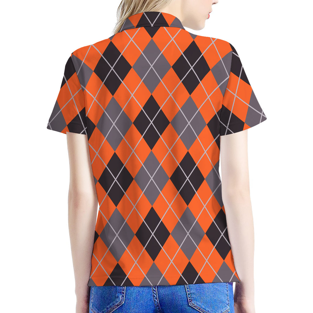Orange And Grey Halloween Argyle Print Women's Polo Shirt