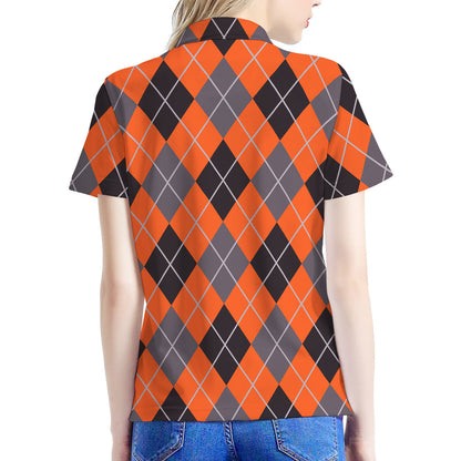Orange And Grey Halloween Argyle Print Women's Polo Shirt