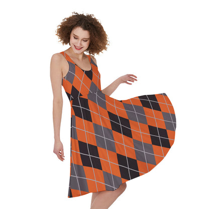 Orange And Grey Halloween Argyle Print Women's Sleeveless Dress