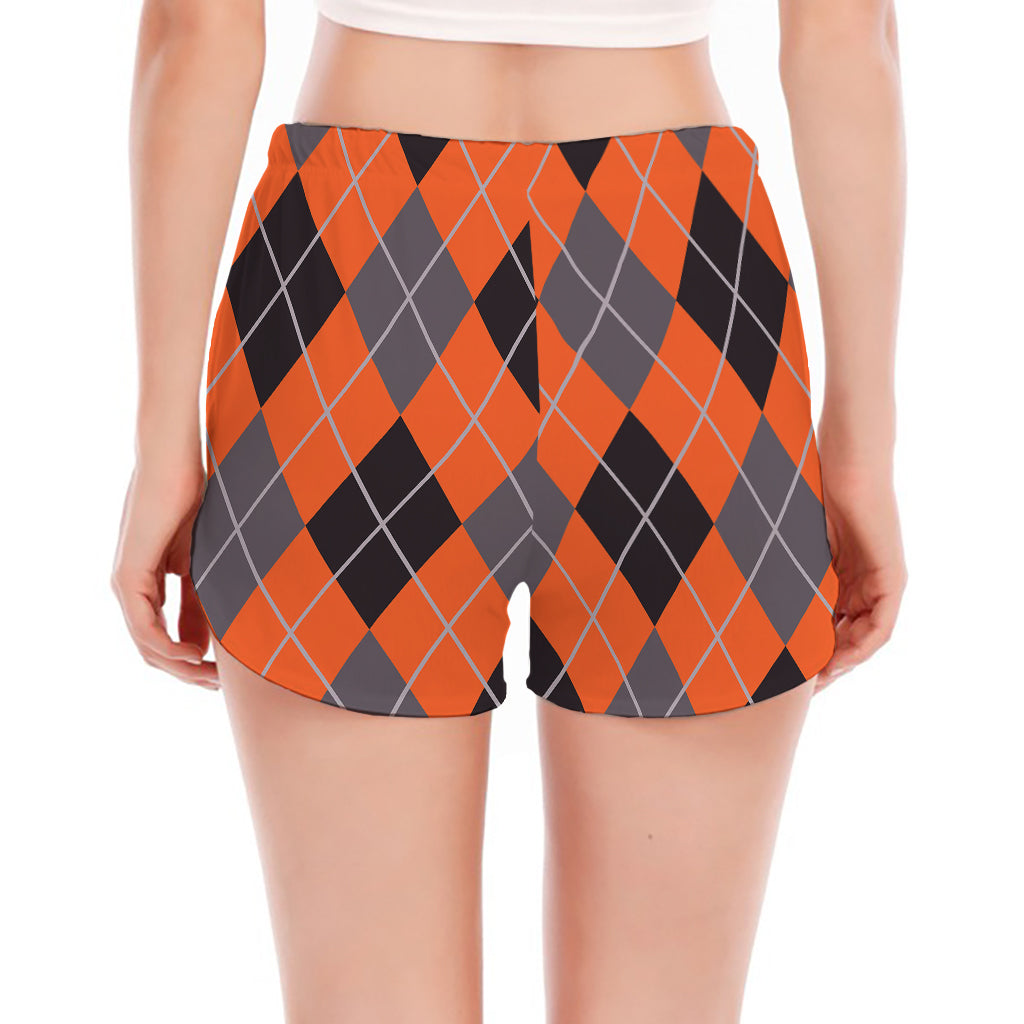 Orange And Grey Halloween Argyle Print Women's Split Running Shorts