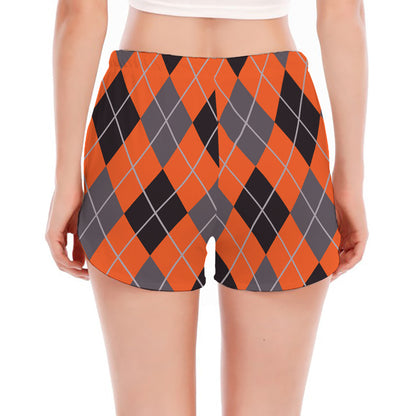 Orange And Grey Halloween Argyle Print Women's Split Running Shorts