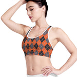Orange And Grey Halloween Argyle Print Women's Sports Bra