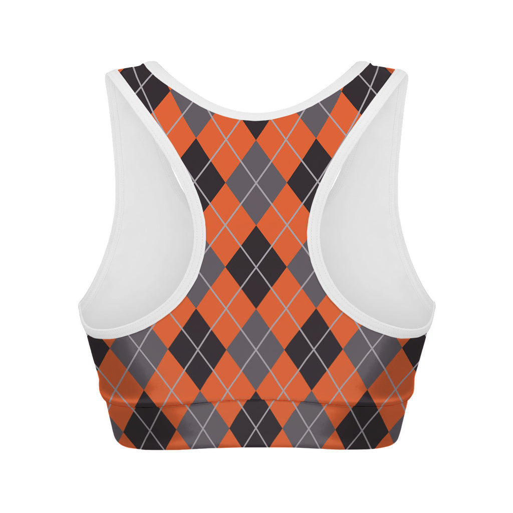 Orange And Grey Halloween Argyle Print Women's Sports Bra