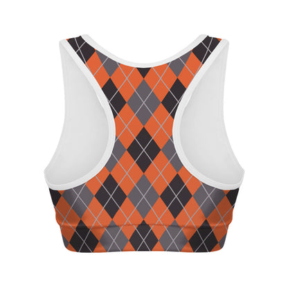 Orange And Grey Halloween Argyle Print Women's Sports Bra