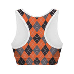 Orange And Grey Halloween Argyle Print Women's Sports Bra