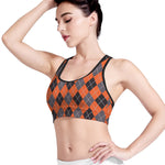 Orange And Grey Halloween Argyle Print Women's Sports Bra
