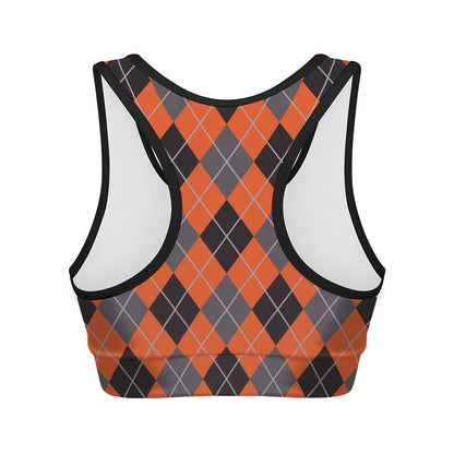Orange And Grey Halloween Argyle Print Women's Sports Bra