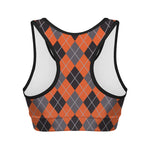 Orange And Grey Halloween Argyle Print Women's Sports Bra