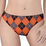 Orange And Grey Halloween Argyle Print Women's Thong