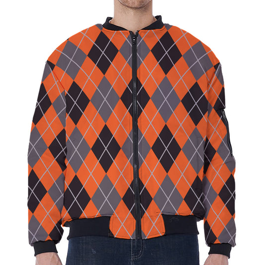 Orange And Grey Halloween Argyle Print Zip Sleeve Bomber Jacket