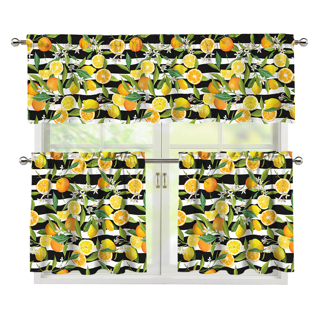 Orange And Lemon Striped Pattern Print 3 Piece Kitchen Curtains