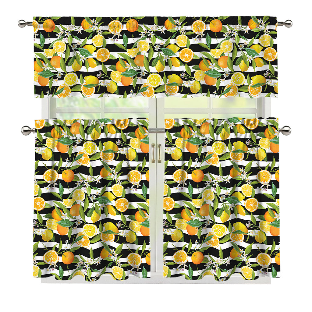 Orange And Lemon Striped Pattern Print 3 Piece Kitchen Curtains