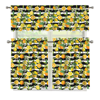 Orange And Lemon Striped Pattern Print 3 Piece Kitchen Curtains