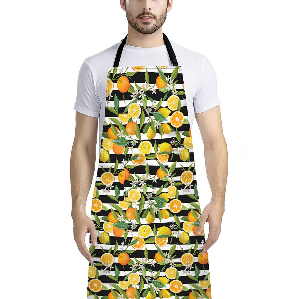 Orange And Lemon Striped Pattern Print Bib Apron With Pocket