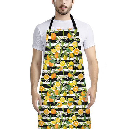Orange And Lemon Striped Pattern Print Bib Apron With Pocket
