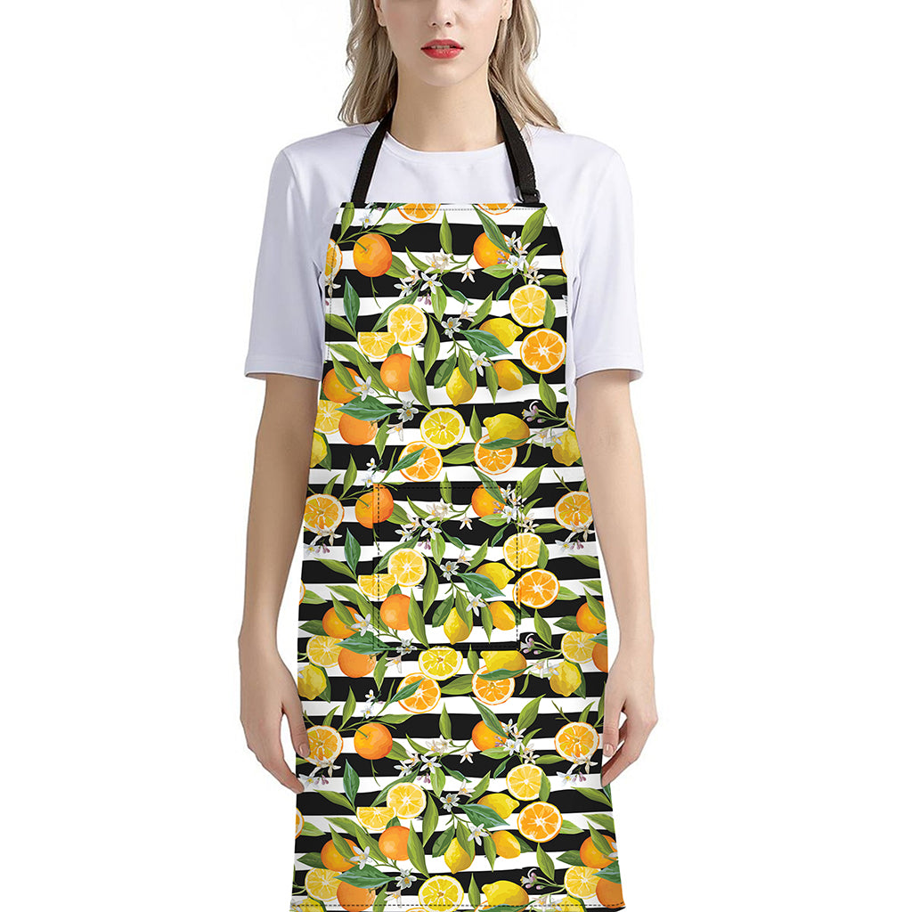 Orange And Lemon Striped Pattern Print Bib Apron With Pocket