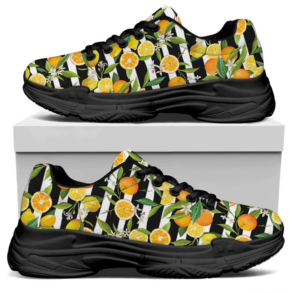 Orange And Lemon Striped Pattern Print Black Chunky Shoes